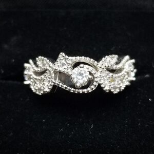 Vintage Sterling Silver and Rhinestone Inset Ring Size 7 1/2 Band, Scroll Design